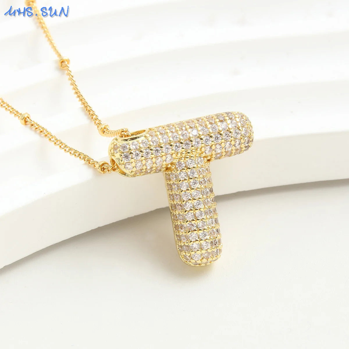 SUNSLL Cubic Zircon A-Z 26 Bubble Letter Necklace 2 Sizes Gold Plated M Chunky Balloon Initials Pendant Women Chain Jewelry 2024