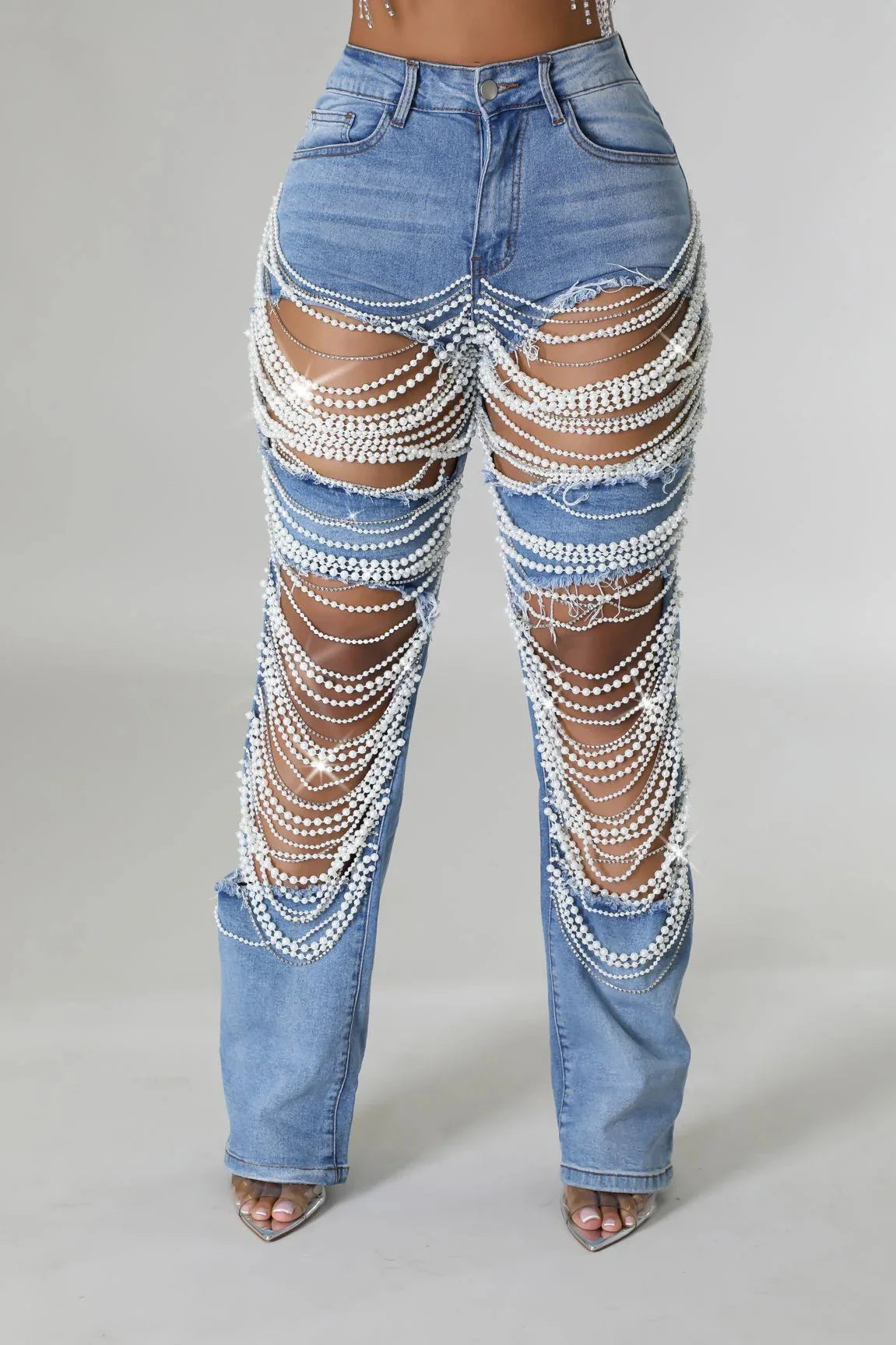 Denim Shorts Women Summer New High-waisted and Thin Handmade Bead Chain Ripped Hot Pants for Women