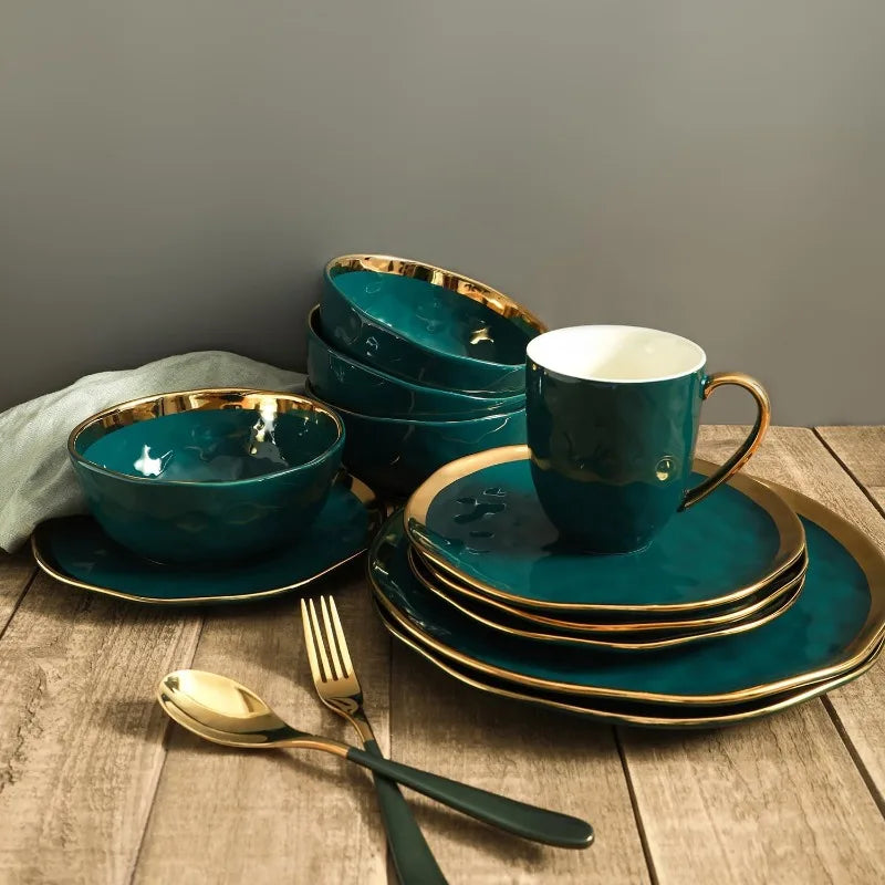 Florian Modern Porcelain 16 Piece Dinnerware Set, Plates and Bowls Set, Dish set for 4, Green and Golden Rim
