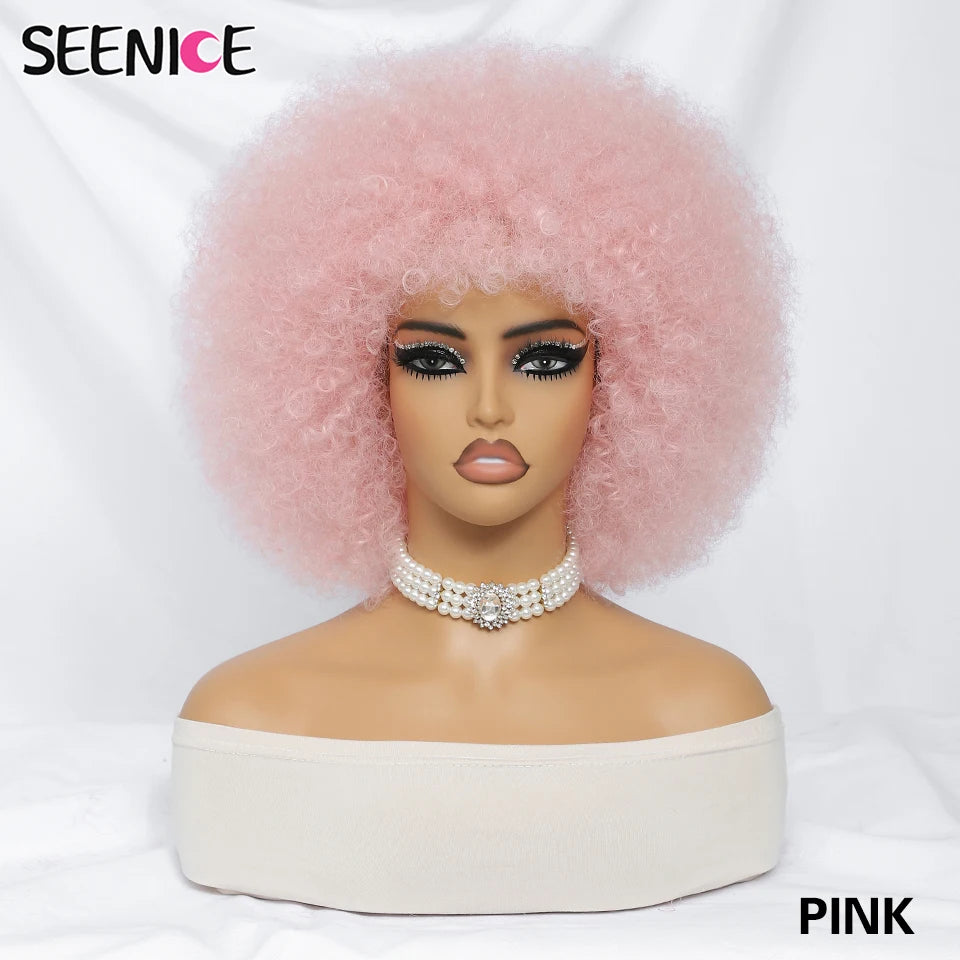 Short Afro Wigs for Black Women Blonde 10" Afro Curly Wig With Bangs 70s Bouncy Natural Synthetic Female Wigs for Party Cosplay
