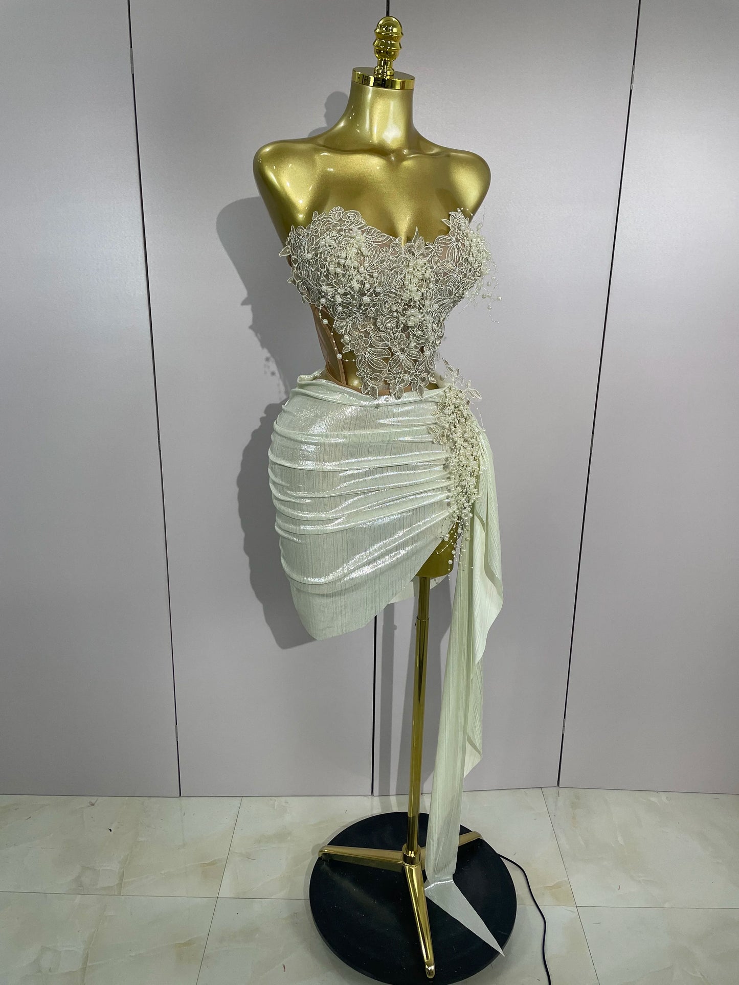 STOCK Luxury Shining Pearls Sexy Asymmetrical Skirt 2 PCS Set 2025 Women Evening Birthday Party Stage Dancer Performance Costume