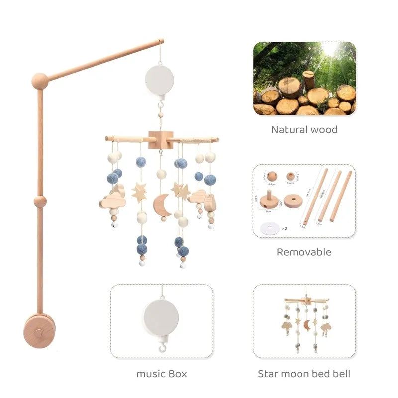 Crib Mobile Bed Bell Wooden Baby Rattles Soft Felt Cartoon Animal Bed Bell Newborn Music Box Hanging Toy Crib Bracket Baby Gifts