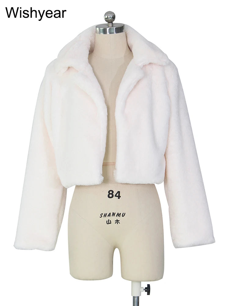 Fashion Faux Fur Open Stitch Lapel Crop Jackets Women Clothing Autumn Winter Solid Long Sleeve Warm Furry Fluffy Coat Outer Wear