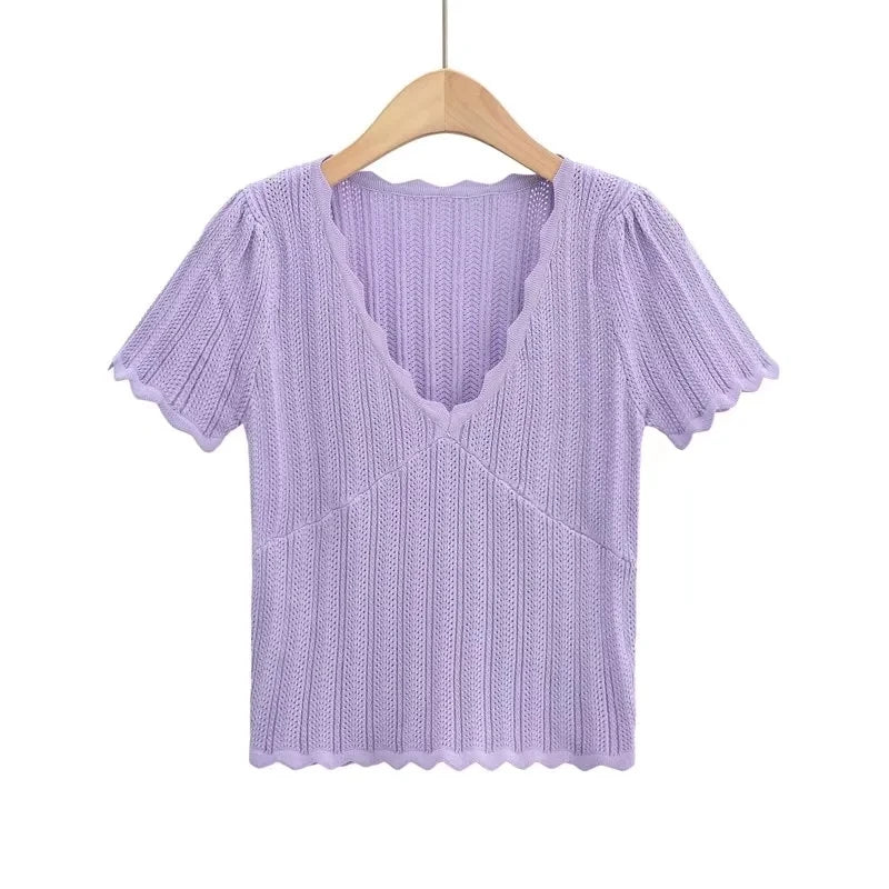 Women V Neck Knitted Crochet Tee With