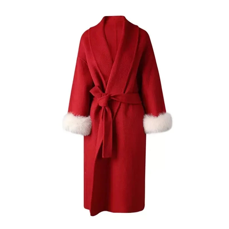 UCXQ Elegant OL Office Lady Overcoats Fur Patchwork Long Sleeve Woolen Coat Beautiful Women's Clothing Jacket Autumn 2025 Winter