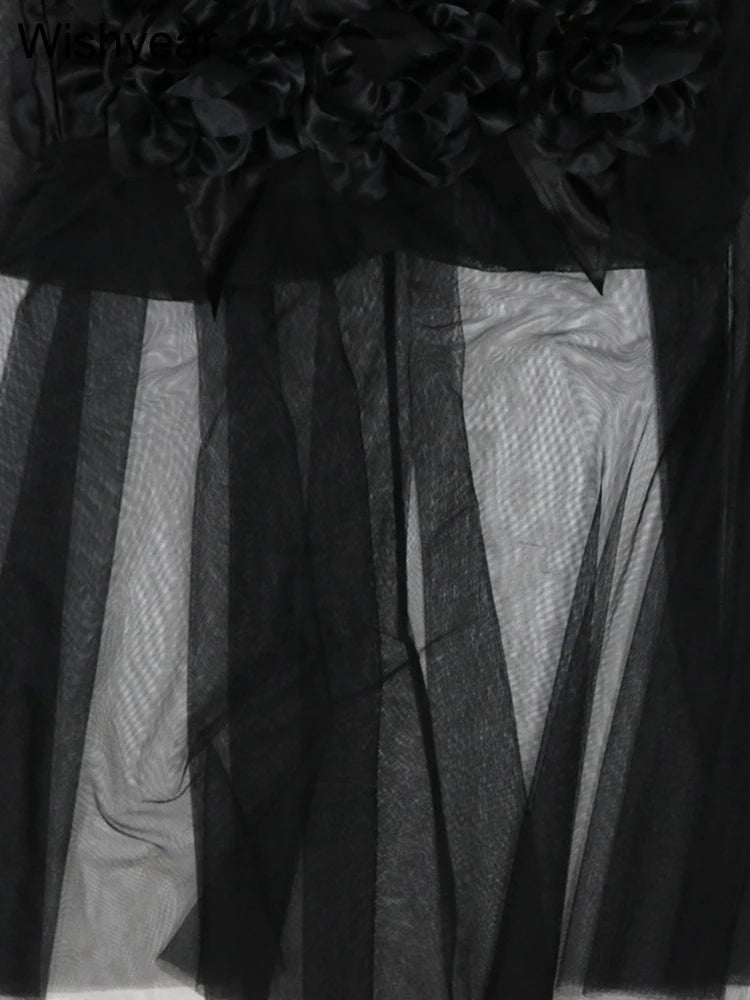 New Black Mesh See Though Flower Ruched Luxury Rhinestone Wedding Evening Mermaid Long Dress Women Strap Cocktail Birthday Robe