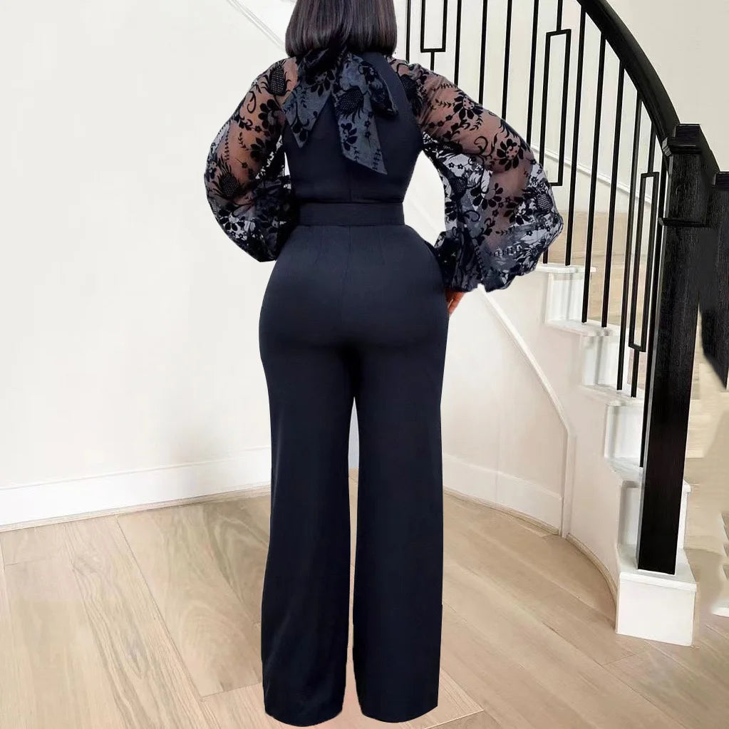 Elegant Jumpsuits & Rompers for Women O Neck Full Sleeve Belt Waisted Straight African Birthday Party Dinner Overalls Clothes OL