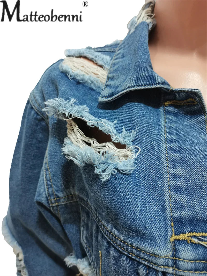 Fashion Broken Holes Long Sleeve Short Denim Jacket Ladies Trend Streetwear Casual Outerwear Women's Double Button Splicing Coat