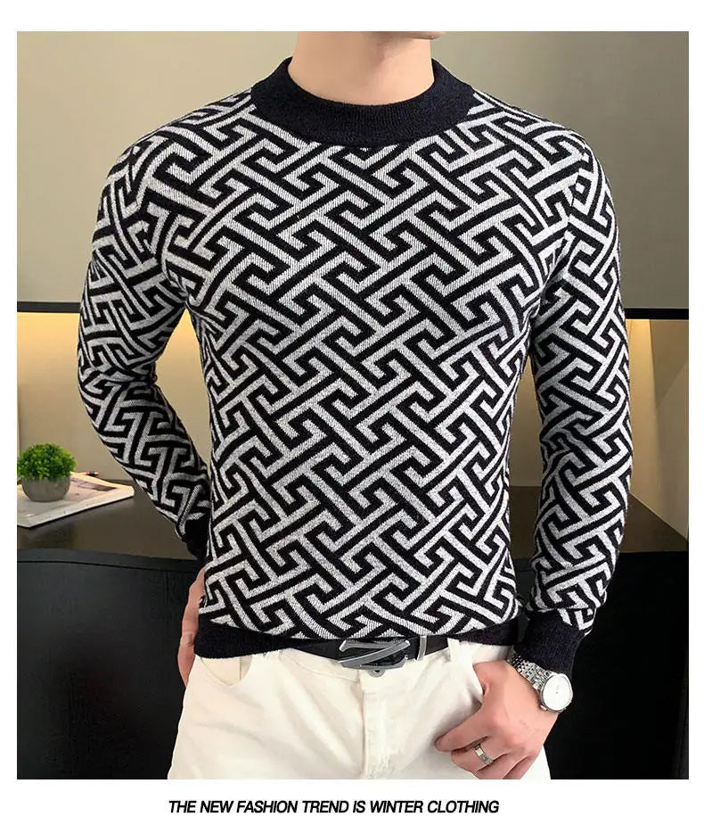 Autumn Winter Velvet Knitted Sweater Men's Long Sleeve Round Necked Sweater Slim Fit Casual Business Knitwear Tops Men Clothing