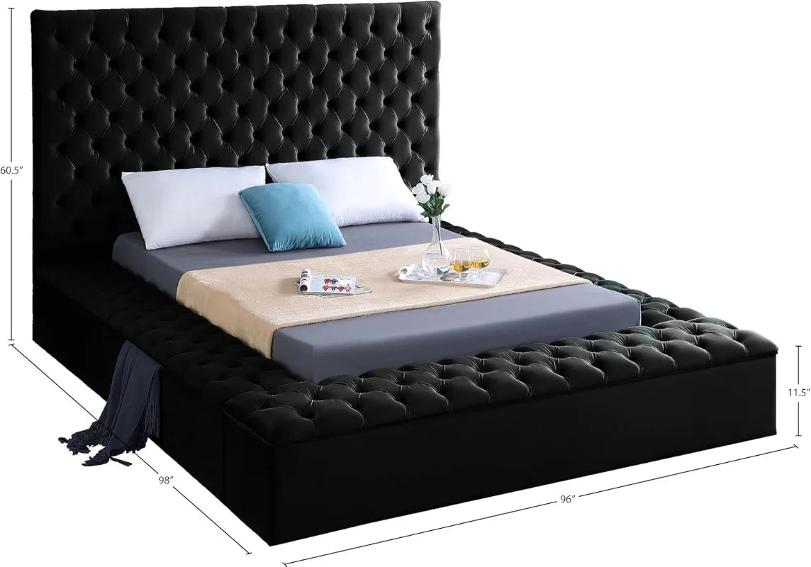 Bliss Collection Modern Contemporary Velvet Upholstered Bed with Deep Button Tufting and Storage Compartments and Footboard