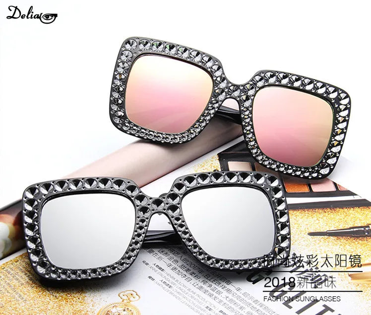 Glitter Women Sunglasses Brand Design Flash Square Shades Mirror Female Sun Glasses Bezel Bling Rhinestones