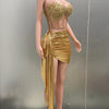 Gold Color Women Sexy 2 Pieces Strapless Bodycon Mini Dress Bar Singer Nightclub Party Celebrate Birthday Dress Wholesale