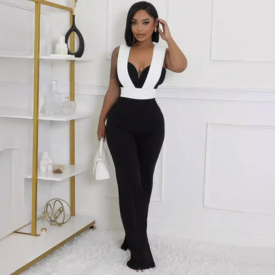 Elegant Fashion Overall Jumpsuit Women Night Club Party Sleeveless Patchwork Birthday Bandage Wide Leg Rompers Combinaison Femme