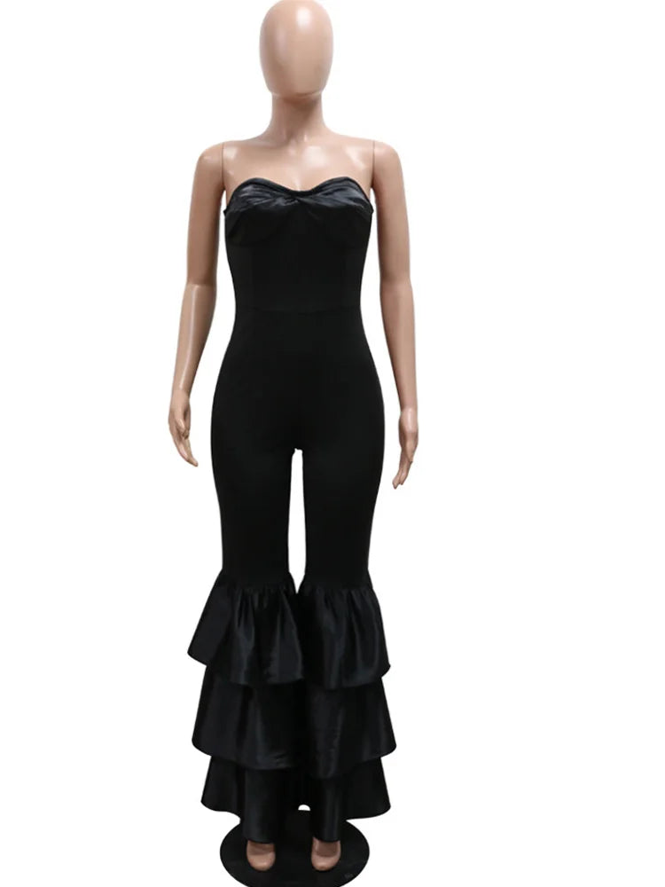 Beyprern Elegant Tiered Ruffle Strapless Jumpsuit For Women Off Shoulder Black Flared Leg  Bandage Jumpsuits Clubwear Overalls