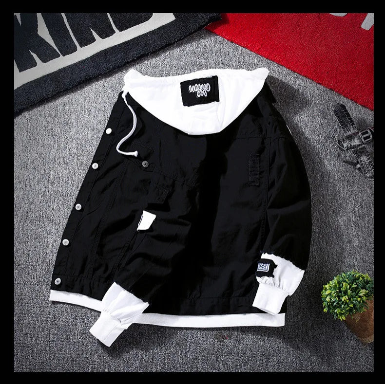 Autumn New Men's Fashionable Casual Street Hip-hop Denim Jacket Fake Two-piece Hooded Single Breasted Slim Fit Denim Jacket