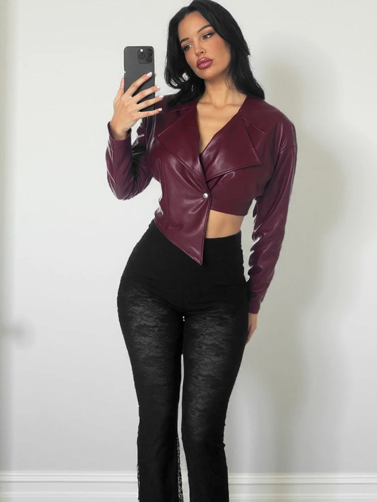 Sisterlinda Faux Leather Single Button Crop Jacket Women Autumn Trend Cross Neck Full Sleeve Wild Style Classic Streetwear Coat