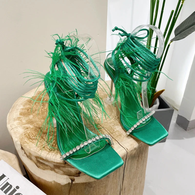 Eilyken Fashion Summer Rhinestone Feather Women Sandals Lace-up Cross-Tied Sexy Gladiator Square Toe Ladies High Heel Shoes