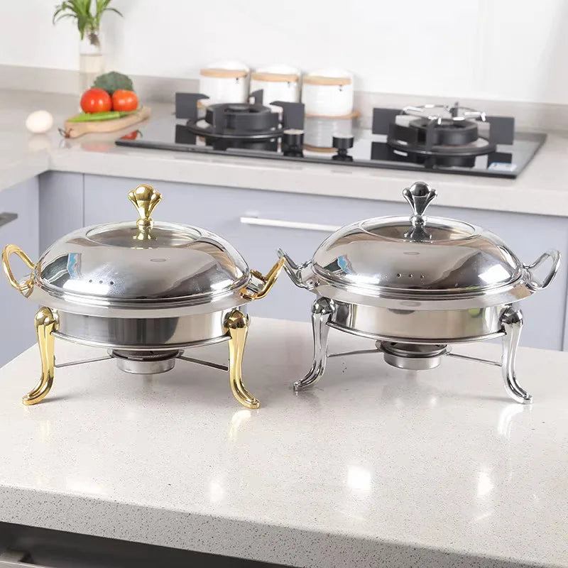 Dish Stainless Steel Cooking Round Buffet Warmer Tray Durable Frame with Lid Fuel Holder Cookware Set