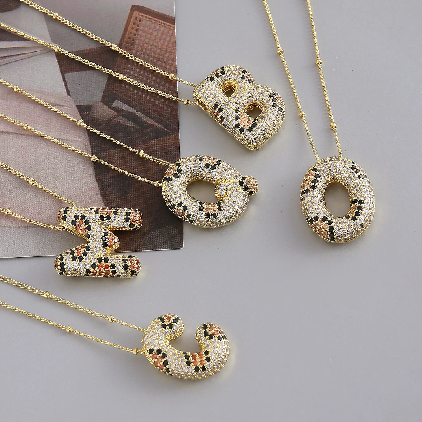 MHS.SUN New Leopard Bubble Letter Necklace Gold Plated Chunky Bubble Zircon 26 Initial Pendant Necklace Women Fashion Jewelry