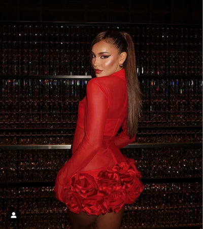 2024 New Sexy Mesh See through Stereoscopic Flowers Red Mini Evening Dress Sweet Woman Birthday Party Dress Performance costume