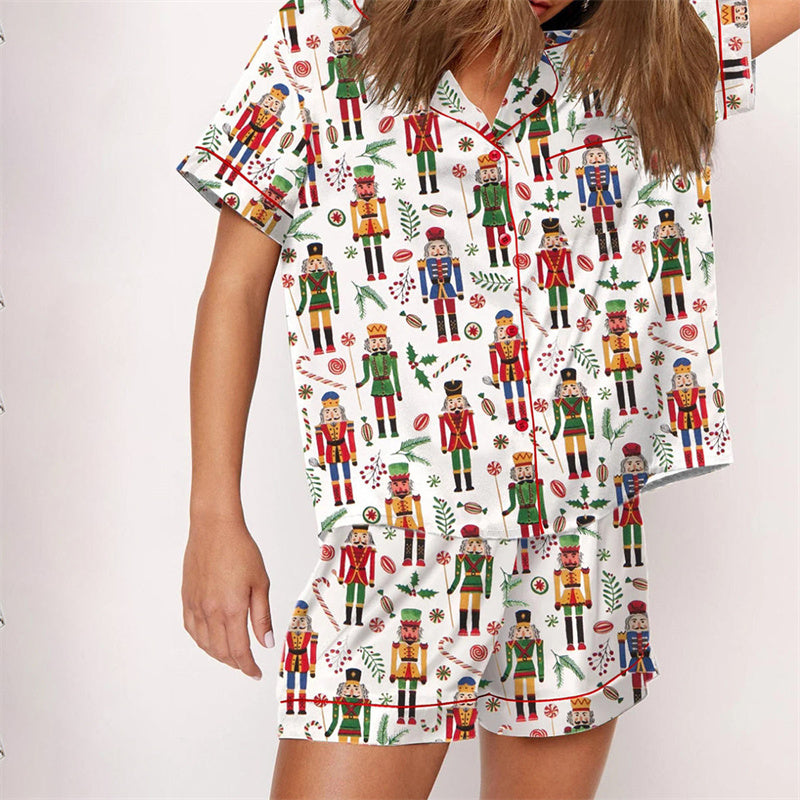 Nutcracker Pajamas Women Christmas Pajama Set Short Sleeve Tops+Elastic Waist Shorts Santa Claus Avatar Print Sleepwear Outfits