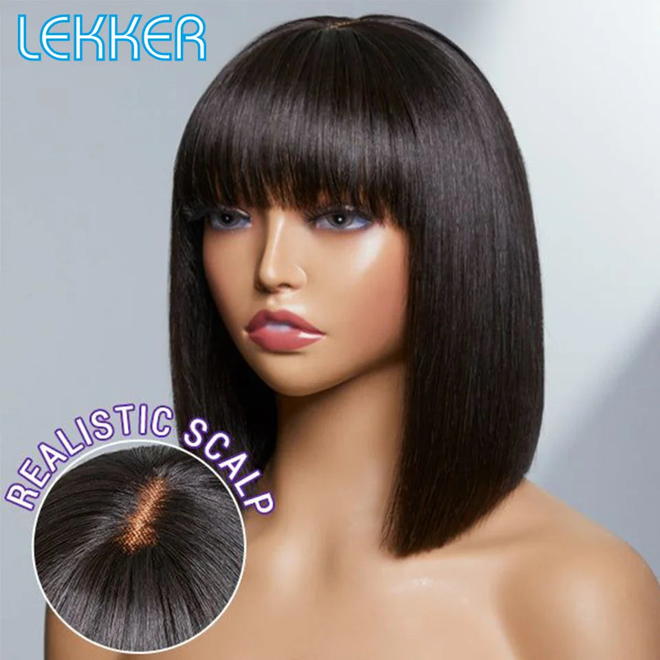 Lekker Chocolate Brown Short Straight Bob 100% Human Hair Wig With Bangs For Women Brazilian Remy Hair Top Lace Glueless Bob Wig