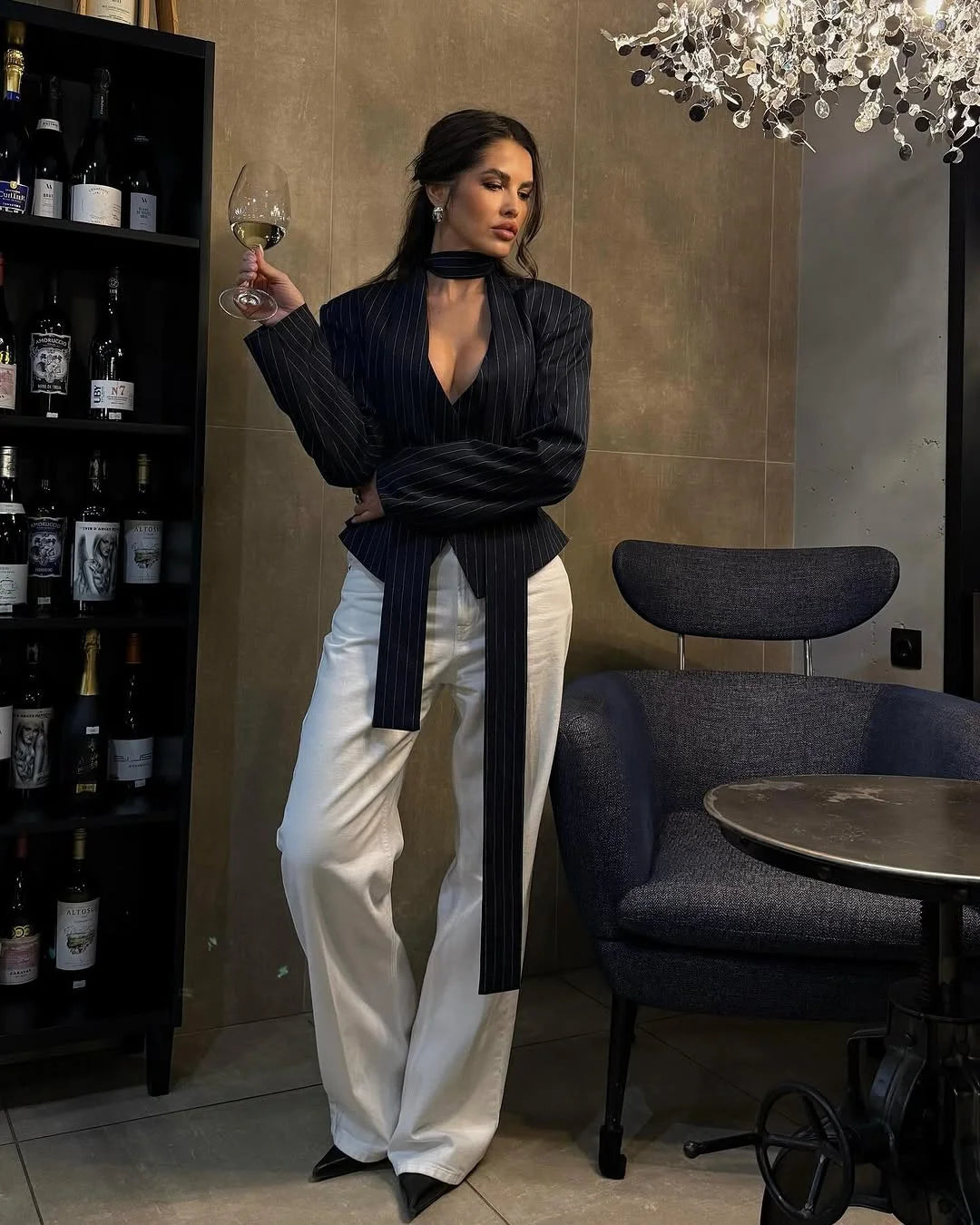 Tossy Elegant Female Striped Suit Coat For Women Scarf Lace-Up Patchwork V-Neck Long Sleeve Luxury Outwear Female Jackets Coat