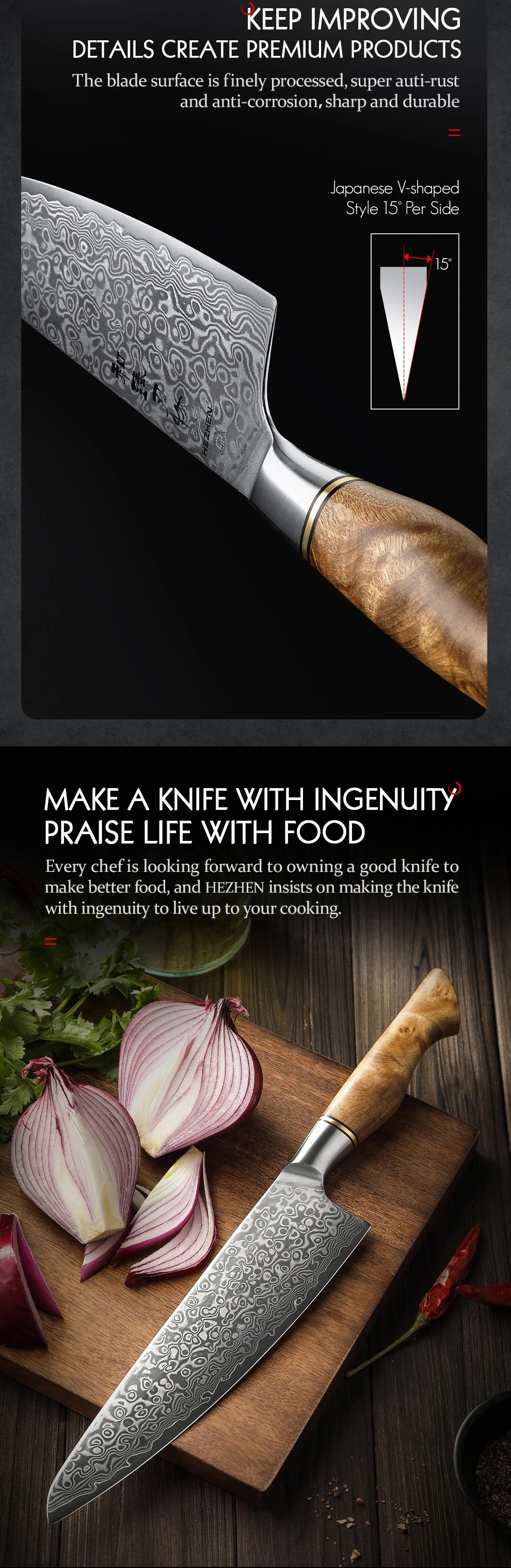 HEZHEN 1-5PC Knife Set Professional Damascus Steel  Chef Santoku Bread Utility Paring Cook Knife For Meat Sharp Kitchen Knife