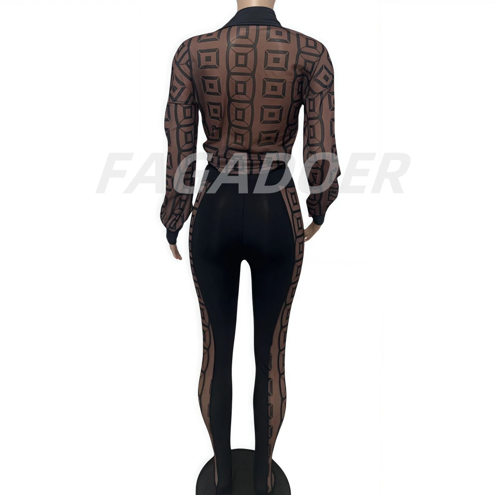 FAGADOER Sexy Mesh Women 2 Piece Set Outfit See Through Long Sleeves Crop Top + Skiny Pants Suits Female Streetwear Clothing New
