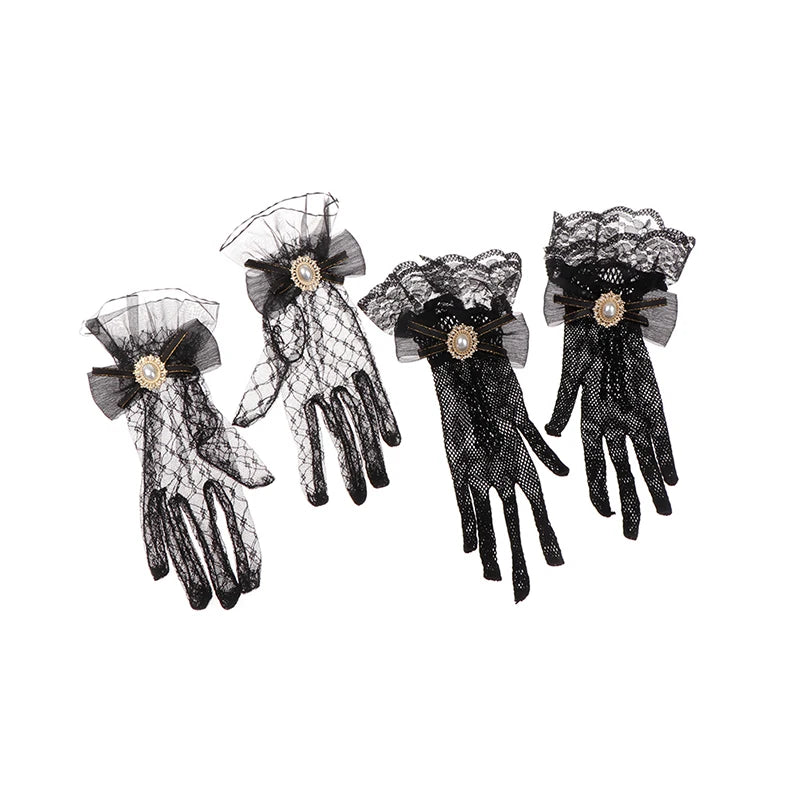 Girl Lolita Mesh Bow Flower Lace Gloves Black White Lace Gloves lolita Lace Sleeves Cosplay Jewelry
