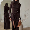 Mozision Turtleneck Thigh High Split Sexy Maxi Dress For Women Fashion Long Sleeve Draped Bandage Bodycon Club Long Dress