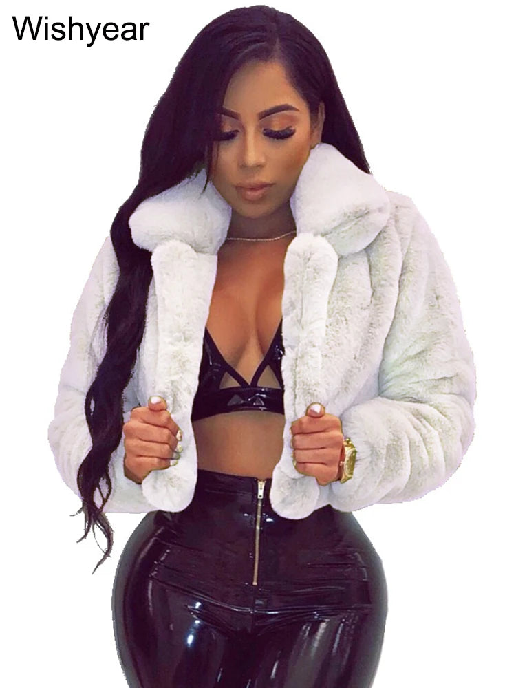 Fashion Faux Fur Open Stitch Lapel Crop Jackets Women Clothing Autumn Winter Solid Long Sleeve Warm Furry Fluffy Coat Outer Wear