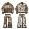 Vintage Leaves Camouflage Jeans Jacket Two Piece Set Y2K Suit Men Letters Rhinestone Sequins Oversized Coat Baggy Jeans Clothing