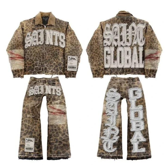 Vintage Leaves Camouflage Jeans Jacket Two Piece Set Y2K Suit Men Letters Rhinestone Sequins Oversized Coat Baggy Jeans Clothing