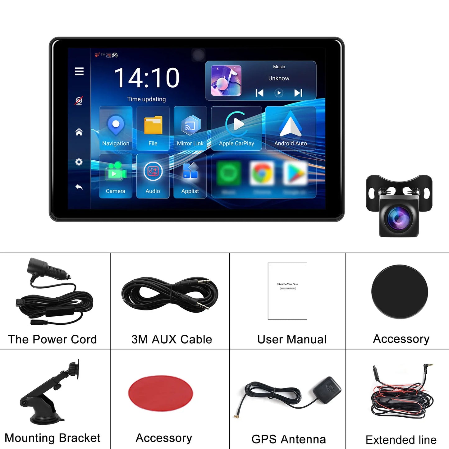 Podofo Universal Car Screen 8-Inch Multimedia WIFI Video Player Wireless Carplay Screen for Apple or Android 4+64GB Navigation