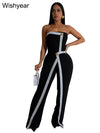 Wishyear Irregular Off Shoulder Sleeveless Strapless Jumpsuits Women Button Patchwork Wide Leg Pants Evening One Piece Outfits