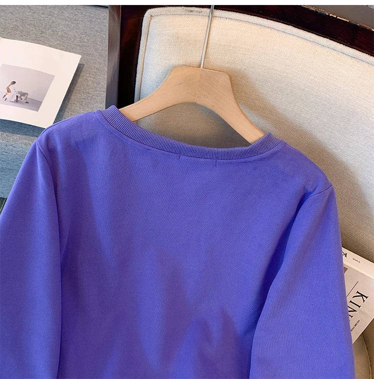 Plus-size women's Fall/Winter Casual commute loose and comfortable hoodie cartoon print purple green V-neck long sleeve top big