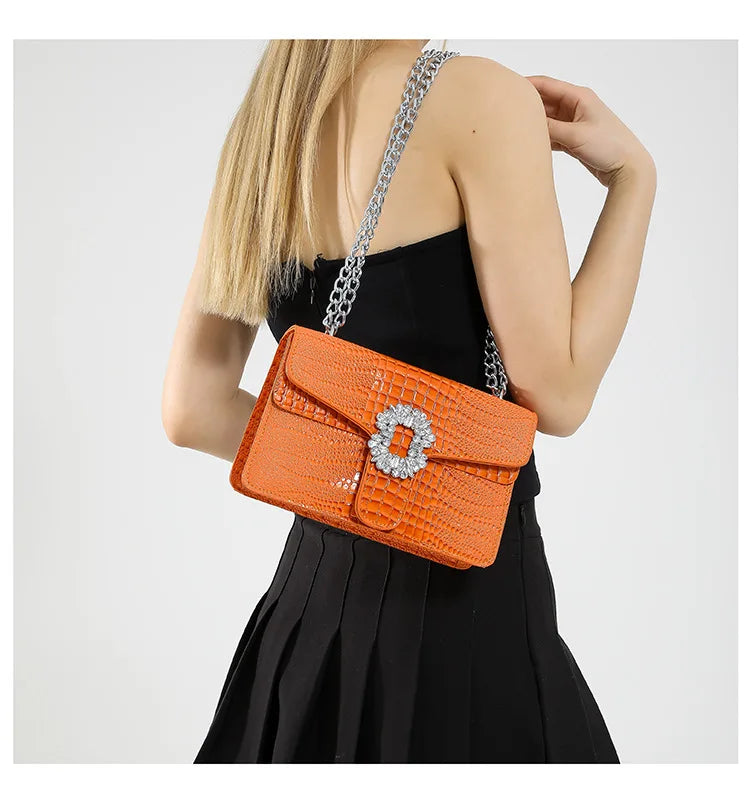 Crocodile Embossed Shoulder Bags For Women Flap PU Leather Fashion Rhinestone Decor Small Square Crossbody Bag Designer Handbag