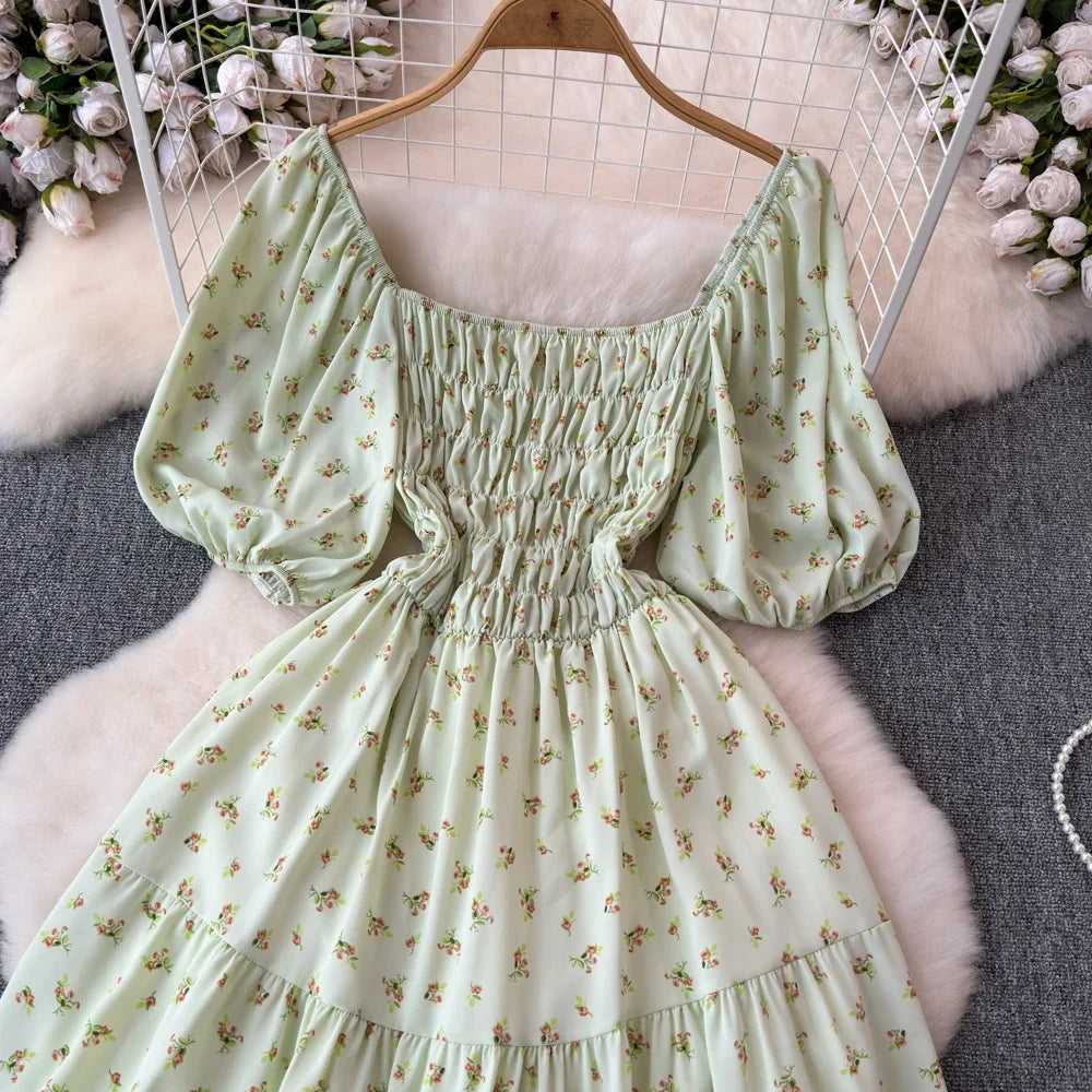 2024 New Summer Flower Print Long Dress Women Vintage Square Neck Ruched Chest Sash Bandage Sundress Party Vestidos