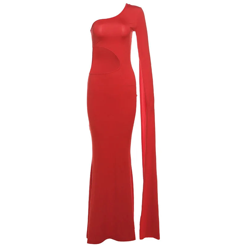 DSMTRC Solid Trend Incline Shoulder Lengthen Single Sleeve Hollow High Street Women Maxi Dress Sexy Elegant Vestidos Attirewear