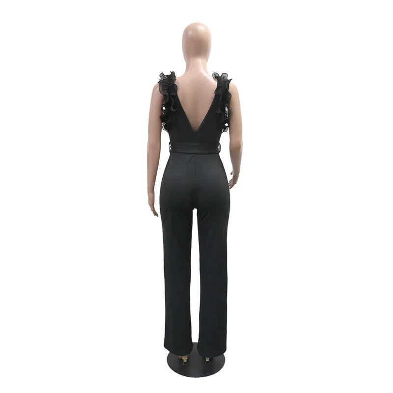 New 2025 Summer Women V Neck Sleeveless Elegant Straight Jumpsuits Edible Tree Fungus Sexy Birthday Party Jumpsuit Rompers Black