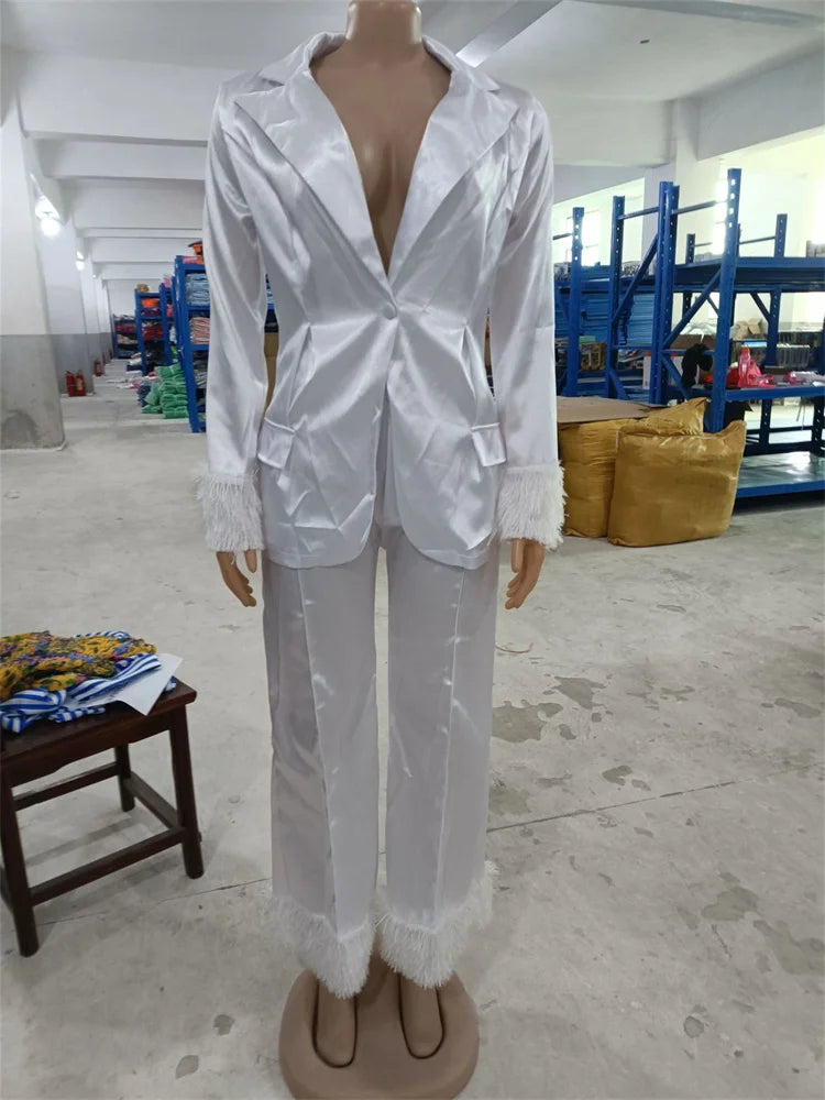 Wmstar Two Piece Set Women Turn Down Collar Feathers Patchwork Top and Pants Suit Matching Fall Clothes Wholesale Dropshpping