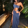 Weird Puss Metal Buckle Dress Women Irregular Hollow Split One Shoulder Skinny Ruched Waistless Midnight Clubwear Maxi Bodycon