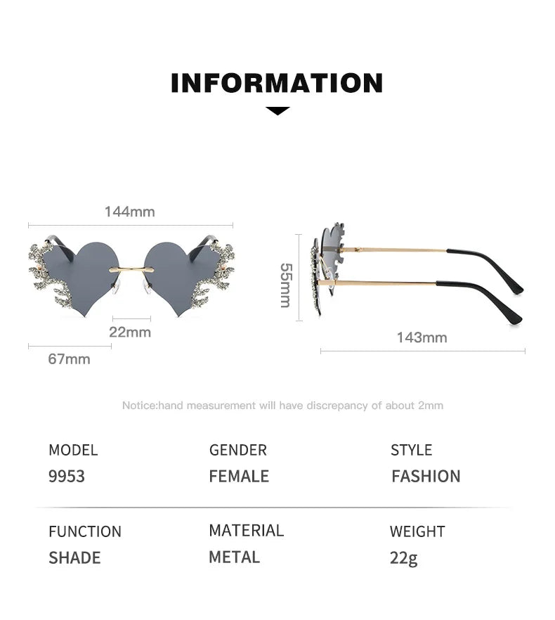 Rimless Sunglasses Women Luxury Brand Rhinestone Sun Glasses Ladies Cute Heart Shape Punk Party Eyewear очки від сонця женские