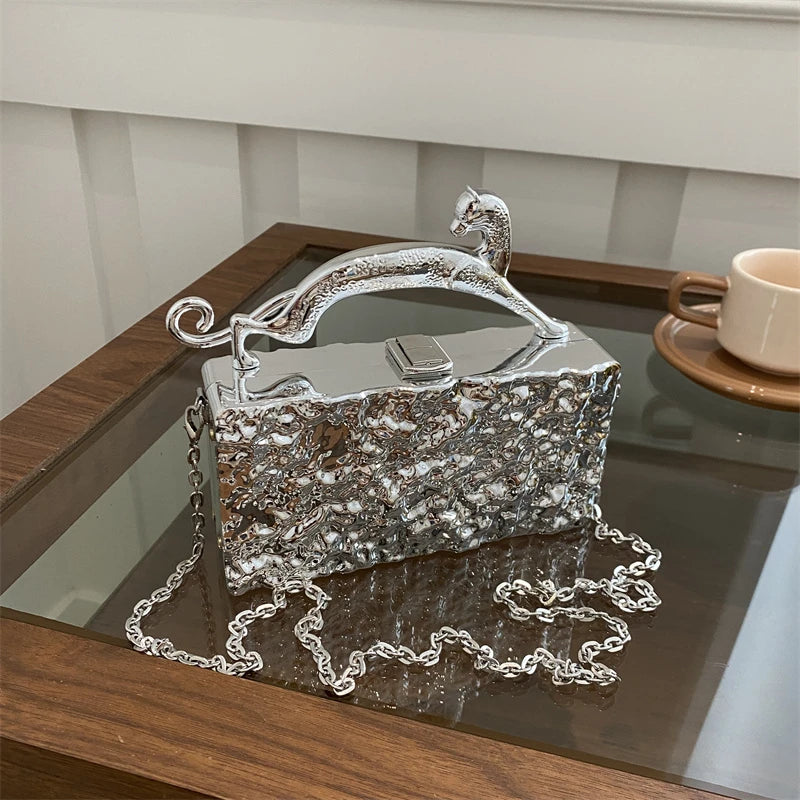Leopard handle Luxury Gold Silver Party Evening Bag For Women Chain Clutch Handbags And Purses Mini Crossbody Shoulder Phone Bag