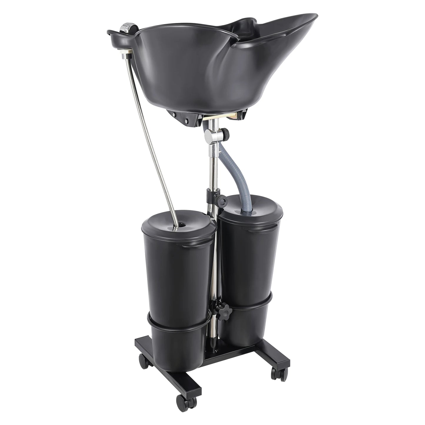 Portable Shampoo Basin with 2 Water Buckets 30cm Deep Salon Hair Washing Sink Adjustable Height Angle Mobile Shampoo Bowl Unit