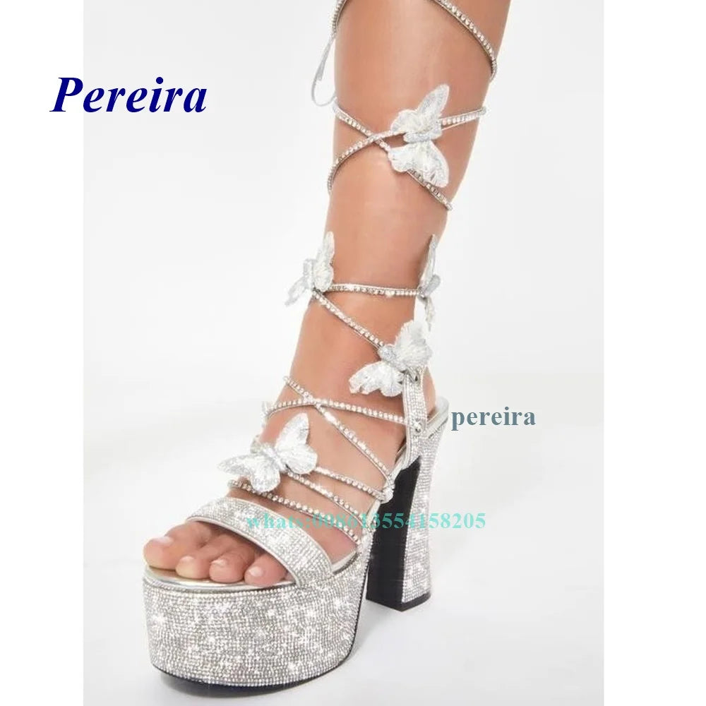 Platform Bling Bling Shoes 2022 Open Toe Butterfly Chunky Heel Sandals Cross Tied Lace Up High Heels Summer Women Shoes Sweet