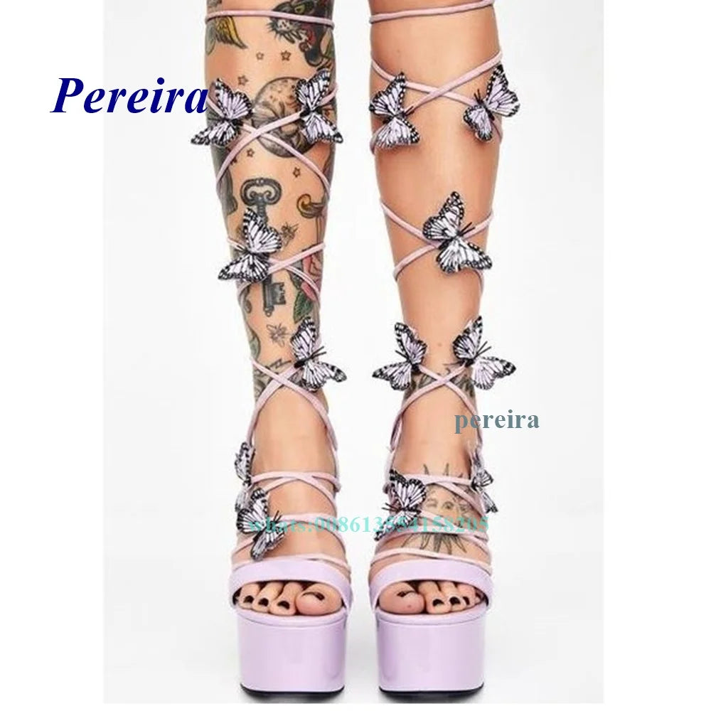 Platform Bling Bling Shoes 2022 Open Toe Butterfly Chunky Heel Sandals Cross Tied Lace Up High Heels Summer Women Shoes Sweet