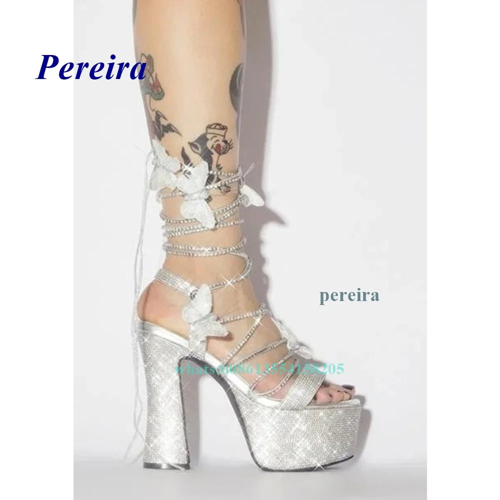 Platform Bling Bling Shoes 2022 Open Toe Butterfly Chunky Heel Sandals Cross Tied Lace Up High Heels Summer Women Shoes Sweet