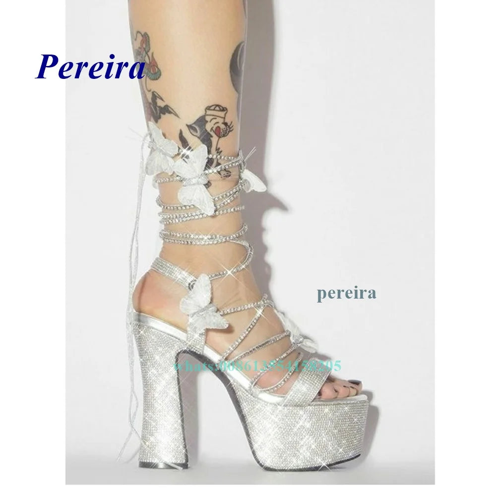 Platform Bling Bling Shoes 2022 Open Toe Butterfly Chunky Heel Sandals Cross Tied Lace Up High Heels Summer Women Shoes Sweet